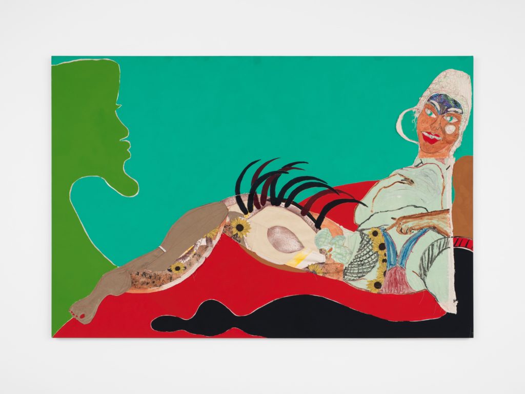 9-[Tschabalala Self] Thigh, 2016 Painted canvas, fabric, oil, acrylic, and flashe on canvas 48 x 72 inches