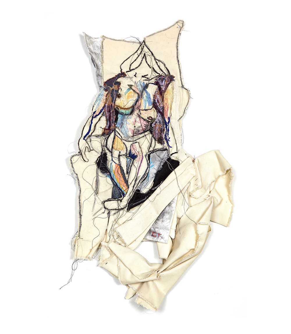 A beige-colored fabric featuring a person’s body. The person’s body is outlined with black thread. Small pieces of fabric in blue, orange, yellow, and purple fill in certain body parts, such as the shoulders, breast, stomach, and legs.