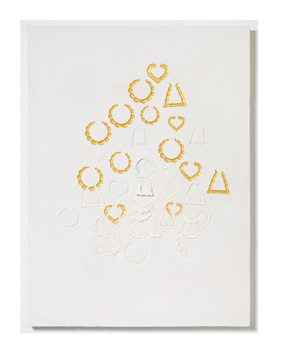 A plaster and acrylic painting of fourteen gold earrings interspersed among the imprints of 23 white earrings, the latter of which appear to blend in with the white background. About half of the earrings are circular hoops, and the other half are triangular hoops. 
