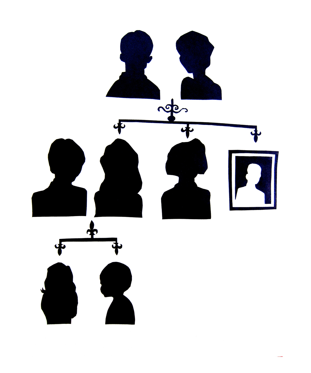 Paper cutouts form a family tree that depicts several branches of a family in black silhouettes. At the top are two grandparents who then have three children, one of whom is depicted as a framed photograph, cast in white. One of the children is connected to another silhouetted figure, begetting two children of their own. The lines of the family tree are decorated with fleur de lis, a decorative symbol that dates back to historic heraldry of several European nations. 