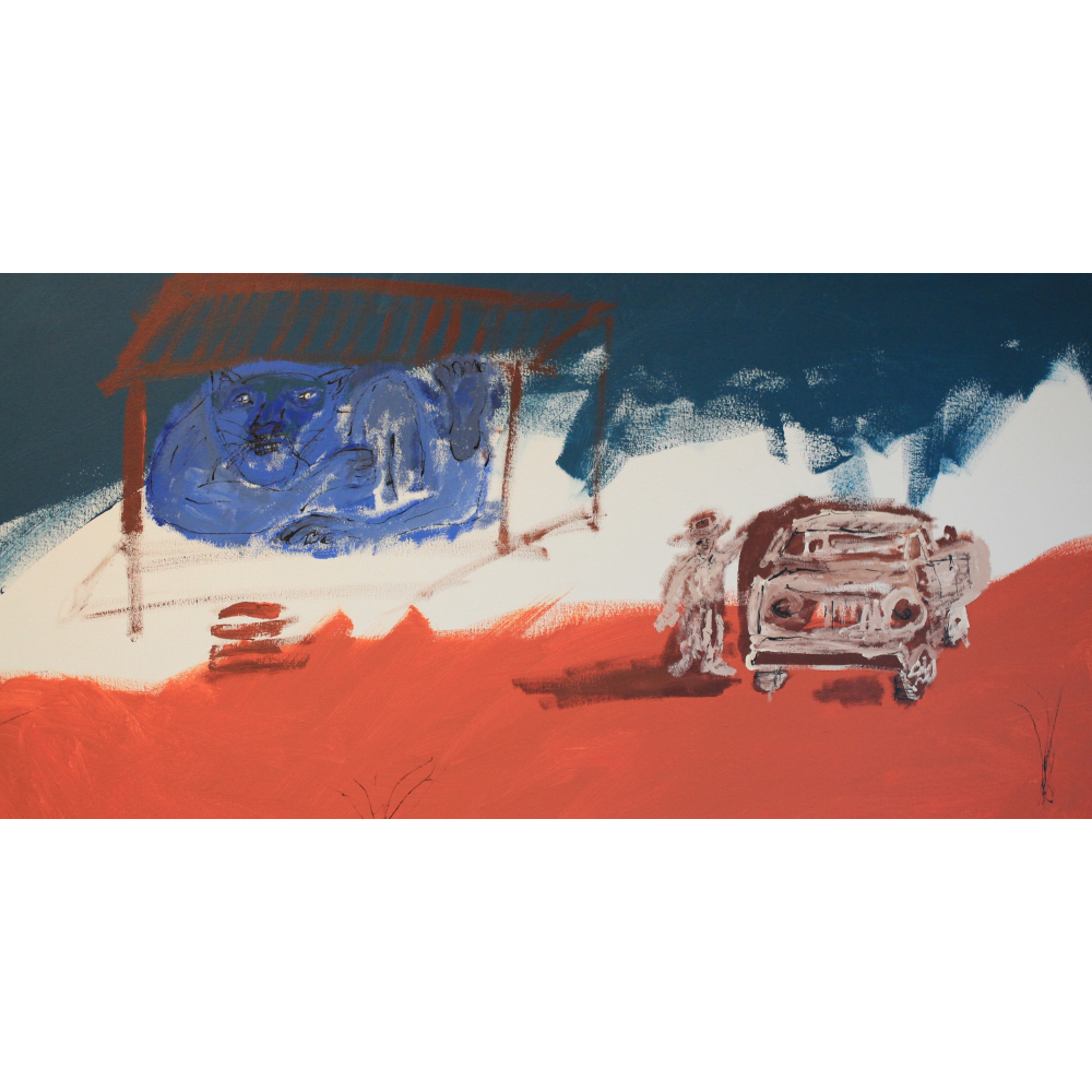 The painting has three main colors in the background. In horizontal order, there is a dark blue, a beige white, and a cherry red. On the background, is a dark red shed-like structure, with a lighter-blue panther in it. To the right, in dark red, is a person in a cowboy hat opening the door of a pick-up truck. 