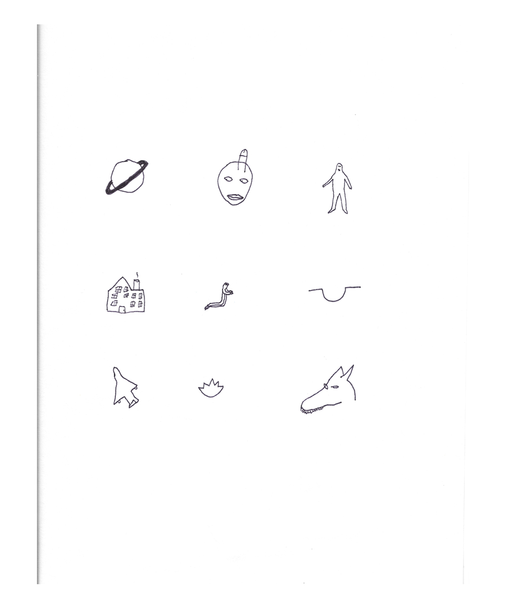 A rough illustration of nine simplistic images in rows of three. On the first row are Saturn, a person’s face with a penis coming out of their forehead, and the silhouette of a person. On the next row are a house with nine windows and a chimney, a person kneeling, and a horizontal line drawing with a concave center. On the last row are an airplane, a five-sided leaf, and the top half of a wolf’s head with many teeth.