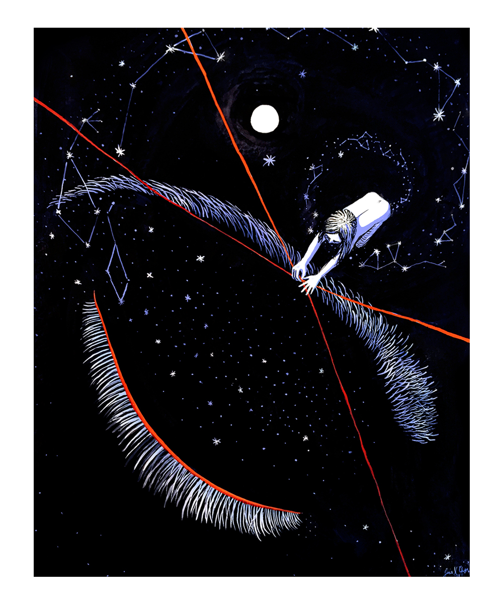 On a black background, dotted with drawn stars, is a naked person with medium-length hair. There is a moon-like object near them, and a trail of stars coming out of their body in a spiral. They are mostly drawn in white, with purplish trims. They have a giant piece of red thread, shaped in an X, and underneath it are many white lines that look like fur, or eyelashes. Attached to the red X, is another red line, this time curved, with similar white lines sticking out of it; these look like spinal bones. 