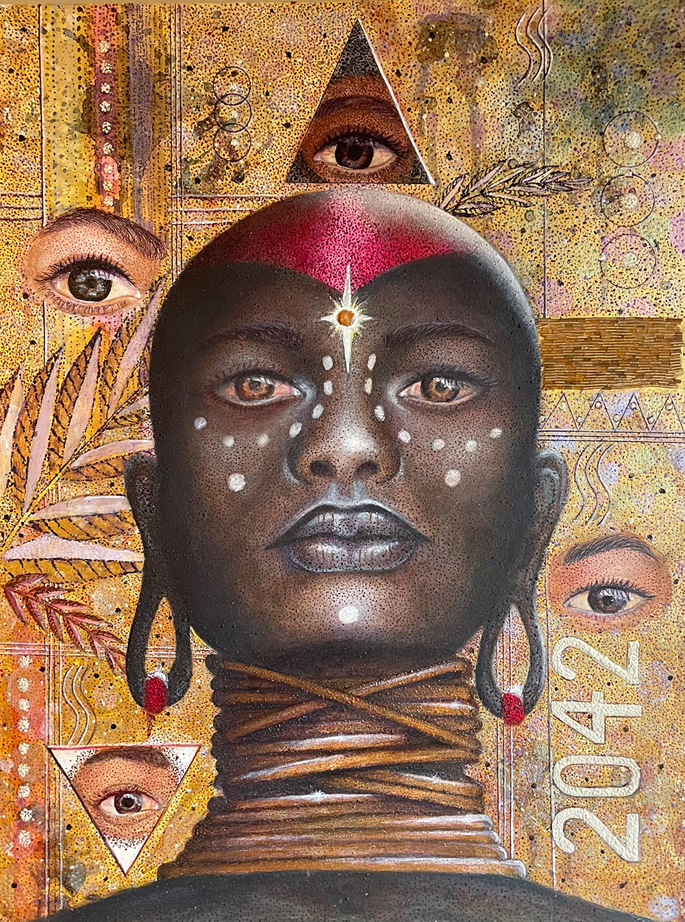 An acrylic painting of a bald Black woman wearing a neck ring and red earrings in stretched earlobes. The top of her head is painted red, she has a white star painted between her eyebrows and white circles painted between and underneath her eyes. The background is gold, and it is abstract, with many overlapping textures and patterns, as well as depictions of four eyes at different locations. In the right bottom quadrant, the number “2042” runs sideways up the drawing.