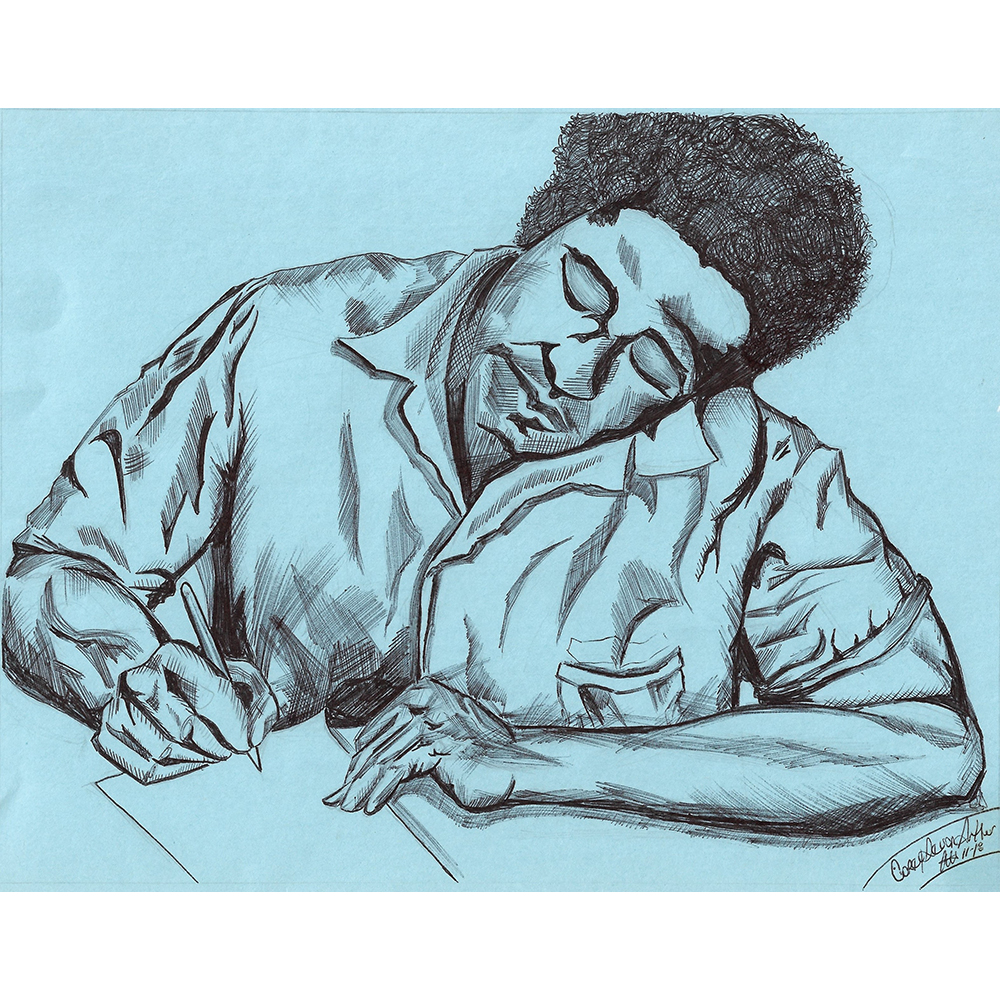 A pencil and black pen drawing on a light-blue background. A seated man is writing at a table. The sheet of paper before him is empty and he holds a pencil over it. We see his head, torso, and muscular arms. We see his eyelids because he’s looking down at what he is about to write. He’s a light-skinned Black man with dark hair in a natural, grown-out style. In the bottom right corner is the artist’s signature and date: Corey Devon Arthur 11-18. 