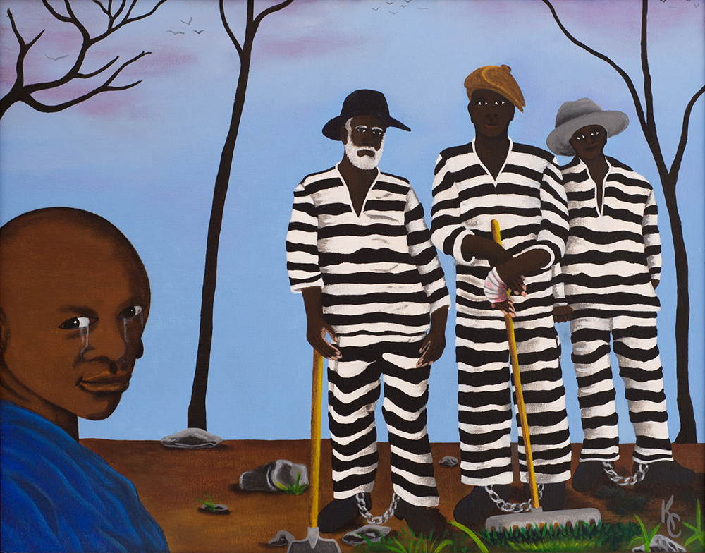An acrylic painting. In the foreground, in the bottom left corner is the head and upper body of a bald man who’s crying. He’s Black and staring directly at the viewer. In the center, stand three men of varying ages, in uniforms with horizontal black and white stripes. Their ankles are shackled. Two of the men are holding rakes. They’re Black and staring at the viewer too. In the background are three thin, barren trees and a sullen, gray-blue sky with patches of purples. The ground is mostly orange dirt with a bit sprouting grass.