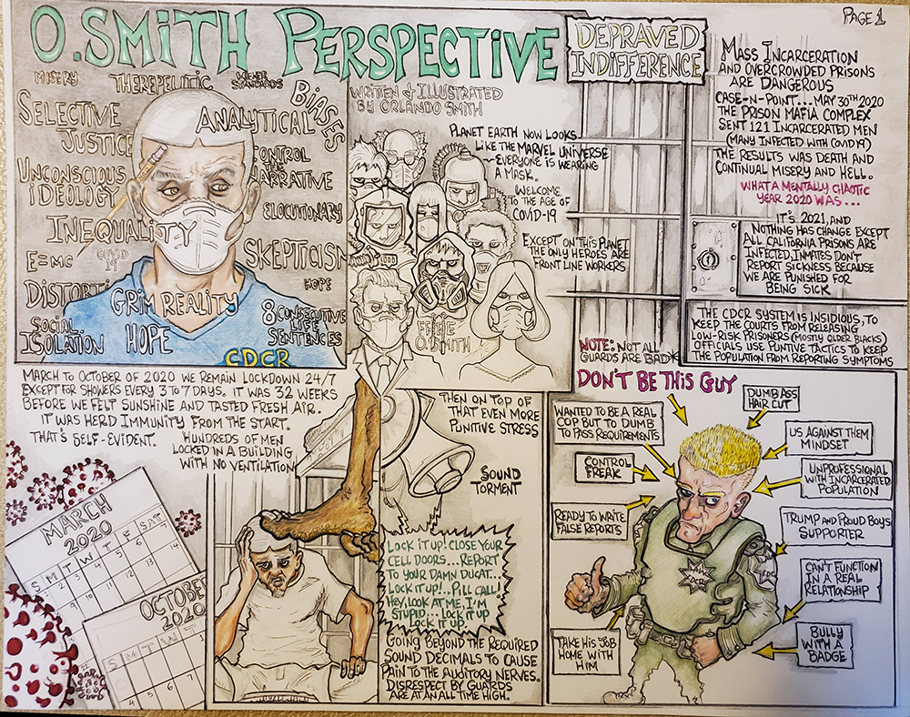 A pencil drawn comic strip with six panels. Left to right from upper left hand corner: 1) the face of the author and illustrator, Orlando Smith, a Black man in a blue shirt with a yellow CDCR label and white mask, with words and phrases surrounding his face, including “Selective Justice” and “8 Consecutive Life Sentences”; 2) a crowd of people in various protective gear including a Hazmat suit, with the caption “Planet Earth now looks like the Marvel Universe,” 3) A cell door with a caption that starts “Mass incarceration and overcrowded prisons are dangerous”; 4) Calendar pages for March 2020 and October 2020, with coronavirus molecules; 5) Loudspeakers with the caption “sound torment”; 6) A heavily armed corrections officer, with the caption “Don’t be this guy.”