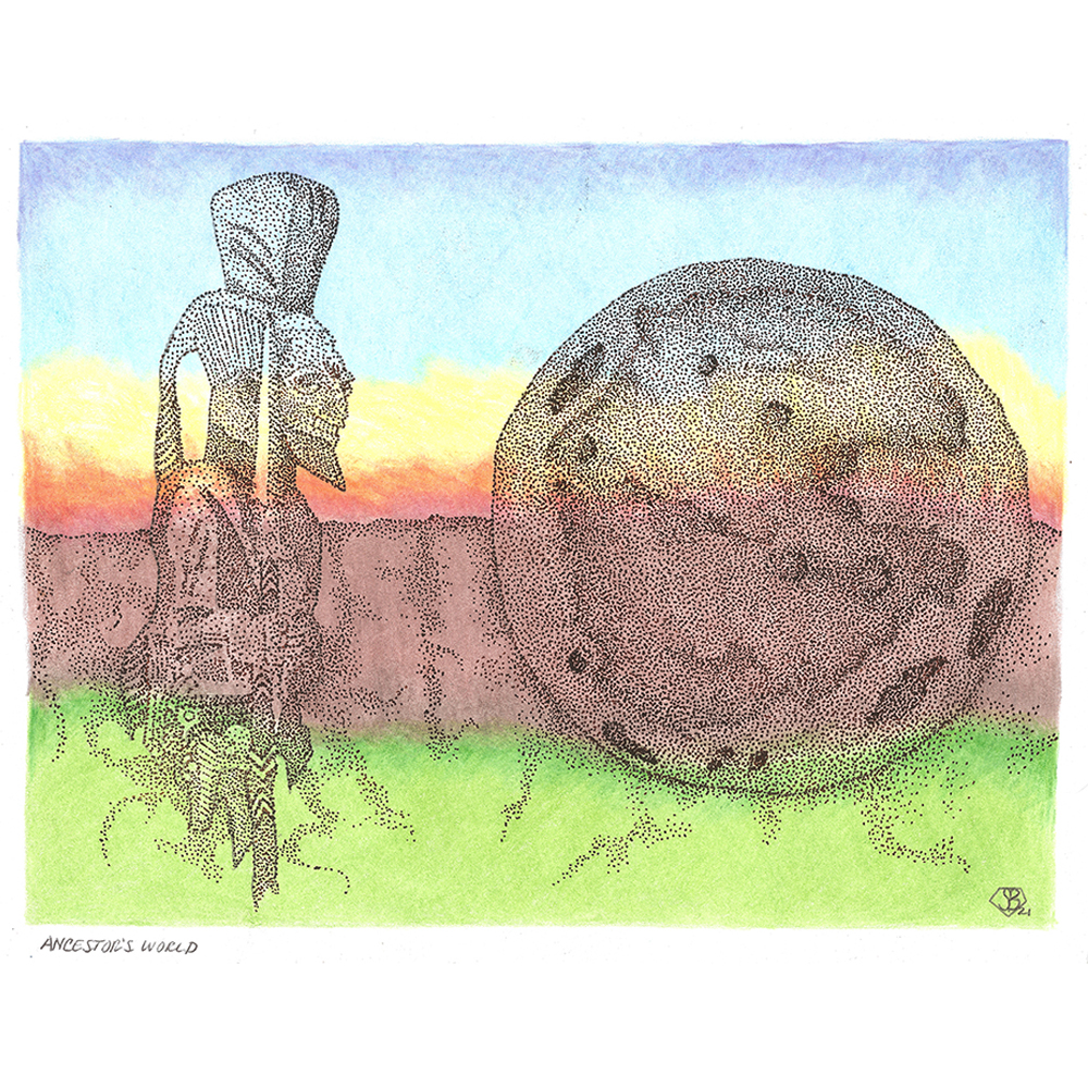 An illustration in color pencil and ink. A layered background, with a rainbow effect. Bottom layer is green grass, next is a brown soil, then a red-orange horizon beneath a yellow, the effect of a flame. At the top is a light-blue sky. In the foreground is the image, in a black/gray pointilst style, of an individual holding a staff or blade. They have large head piece and a skeletal face or a skeleton mask. They behold a large boulder that resembles the Earth, also drawn in pointilism.