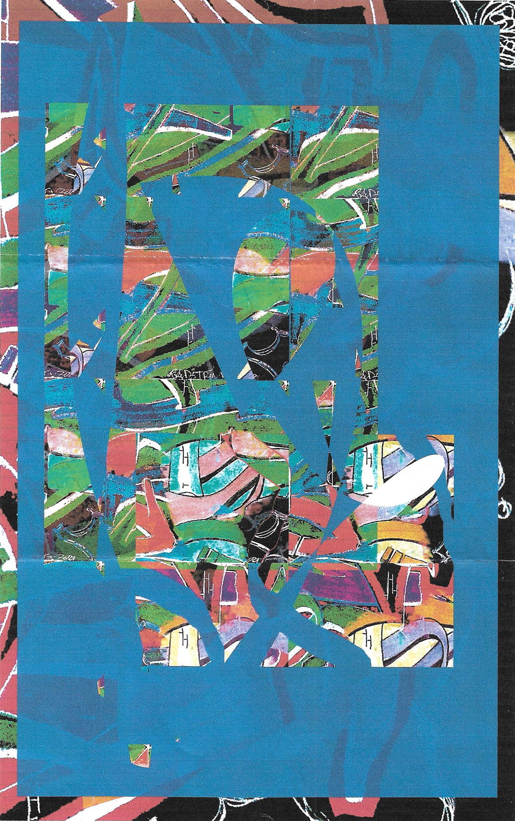An abstract painting layered atop graffiti art on paper. The piece features a semi-transparent teal rectangle overlaid atop green, black, white, and pink graffiti art which has been cut, collaged and painted. Abstract shapes of collage graffiti art appear inside the teal rectangle. The image features two horizontal folds suggesting the image had been folded in thirds. 