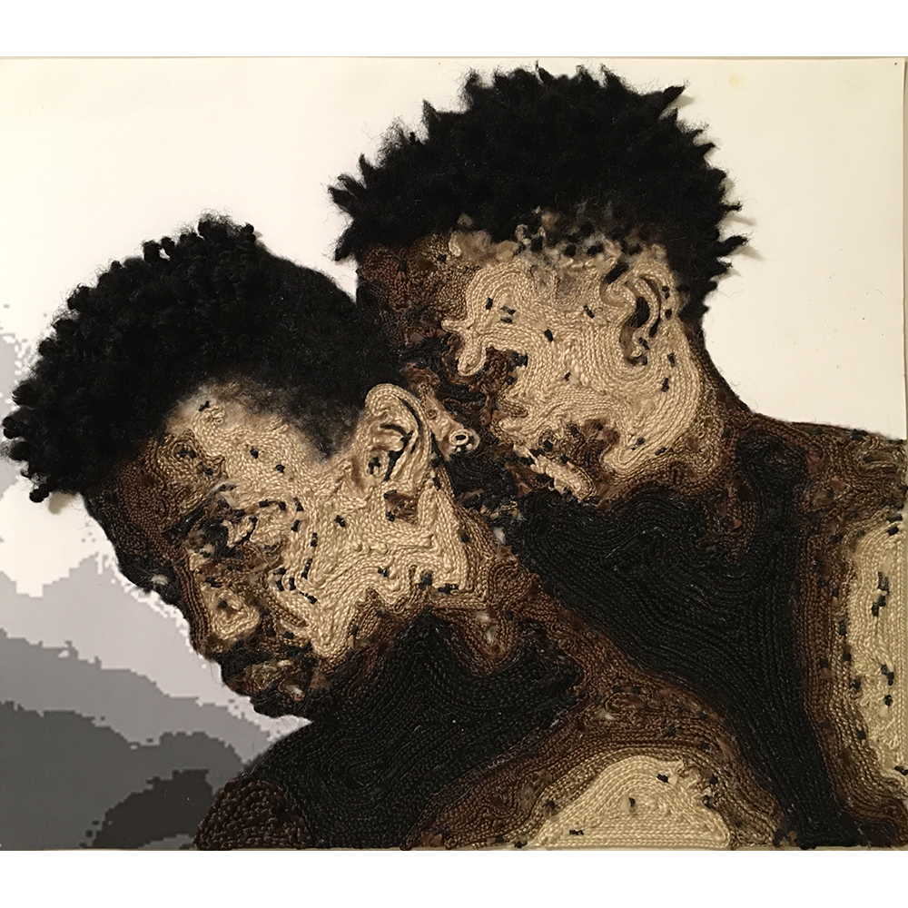 A photo of a digital print of a man gently resting his head against the body of another man. The print is partially covered in braids that are hand braided and made of synthetic braiding hair. The braided sections of the image make up the skin and hair of the two figures. 