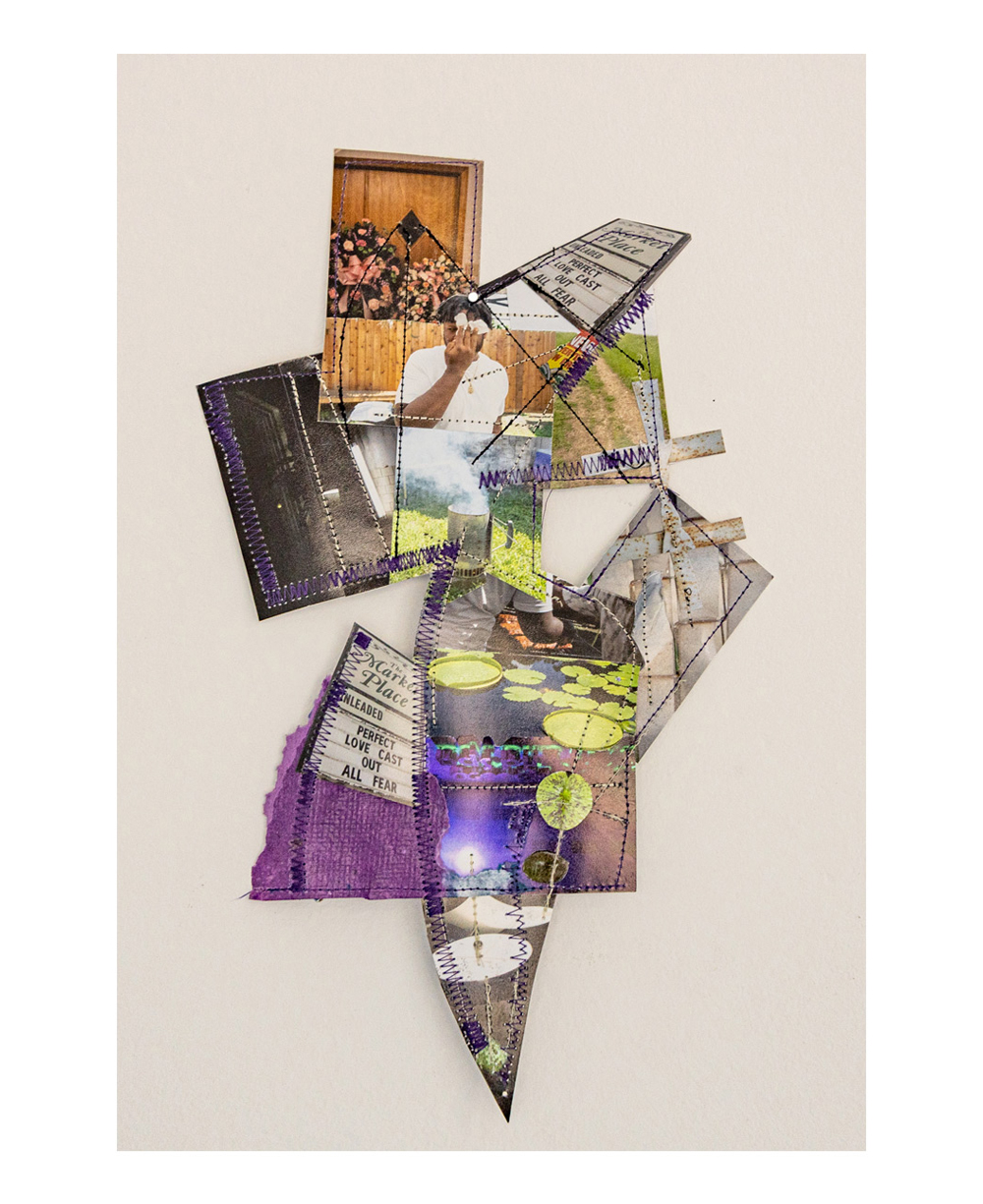 A collage featuring different photographs arranged in an uneven diamond shape and stitched together with purple zigzag stitch.