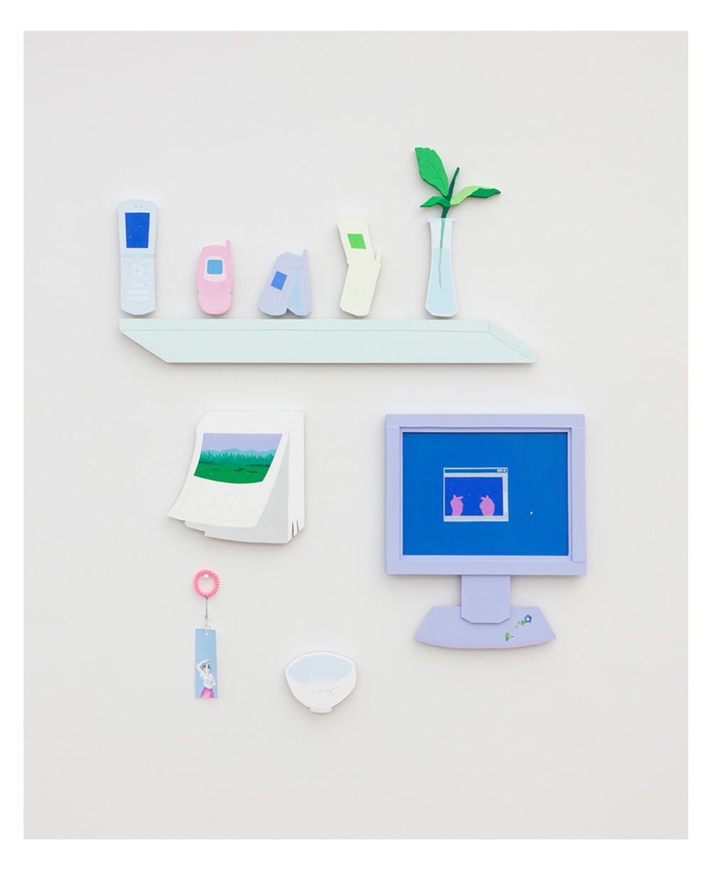 On the top there is a row of pastel colored flip phones and a vase with a green plant init, below that there is a tear off calendar with an image of a meadow, a desktop computer with a window open with hands making finger hearts, a blue card hanging from a chain and an empty bowl.