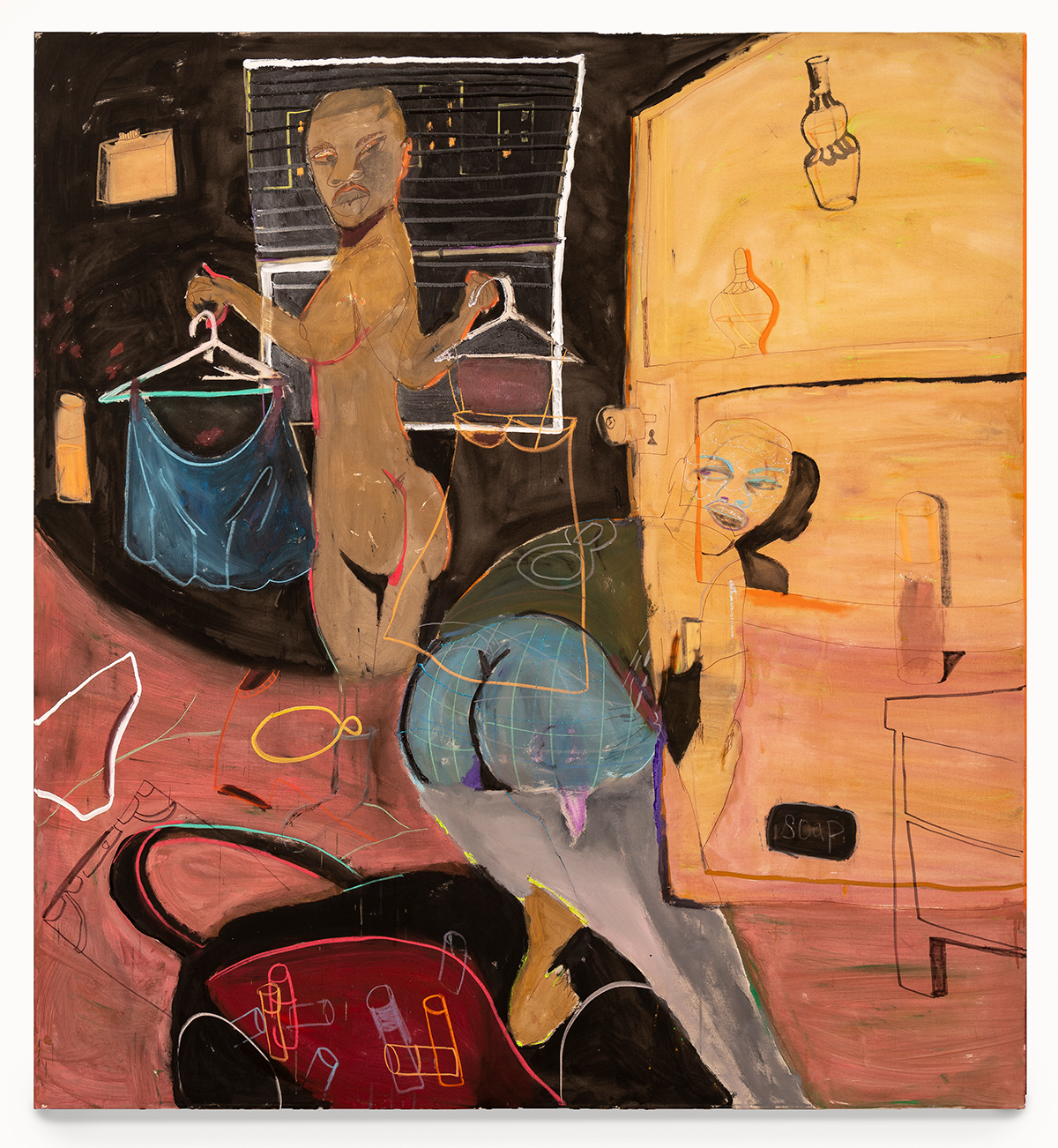 In an abstracted bedroom with a rust red bed, black wall with a window to the night cityscape and a yellow door stands a naked Black man holding up two outfits on hangers, showing them to another half dressed man bent over.