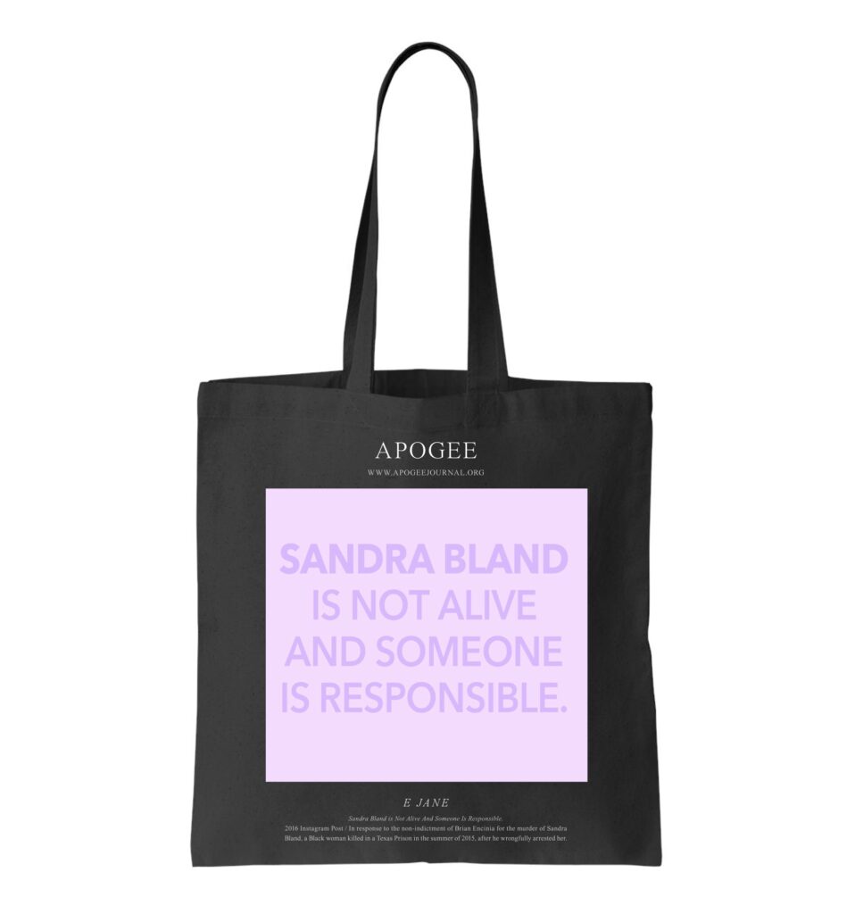 A tote bag featuring artwork by E. Jane