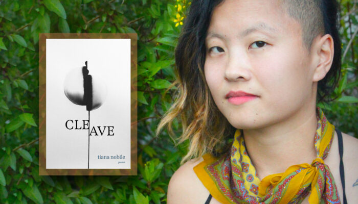 An image of poet Tiana Nobile, a Korean adoptee writer with a sidecut, short hair with blonde tips, and a yellow bandana around her neck. Next to her is the cover of her book, Cleave, which is all white and features a black and white image of a split egg.