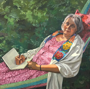 A painting depicts the poet with short gray hair in a hammock with a pillow in front of a green bush. She wears a patterned raspberry-colored dress and a shawl with embroidered flowers, with a journal and writing utensil in hand.