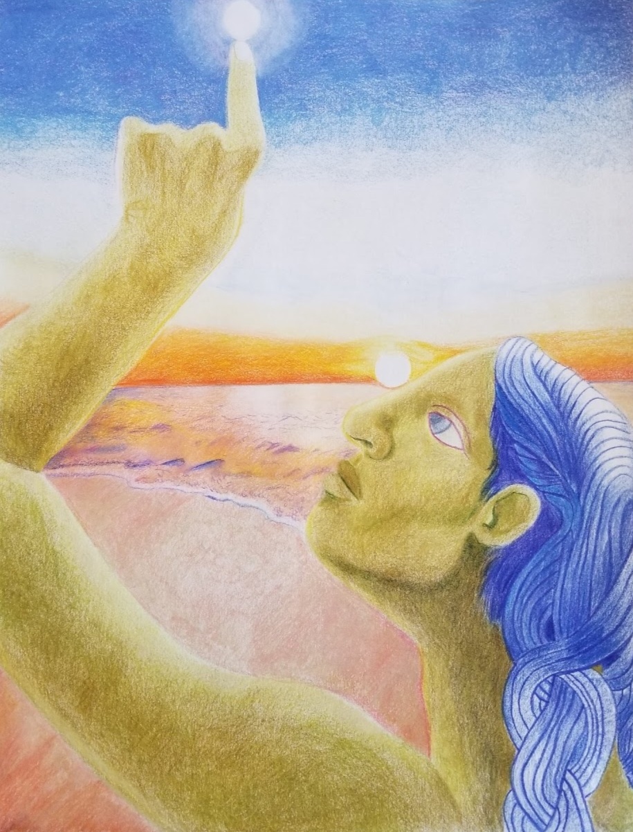 colored pencil drawing of a beach sunset, moonrise, and the profile of a young person’s face. they have yellow-green-brown skin, no eyebrows, and blue hair in two braids. they look up at the moon with a calm expression, pointing to the moon with the appearance that they're balancing it on their finger. the sunset intersects with the person’s gaze, giving the illusion that the sun is a second eye or that the profile of the face is another horizon.