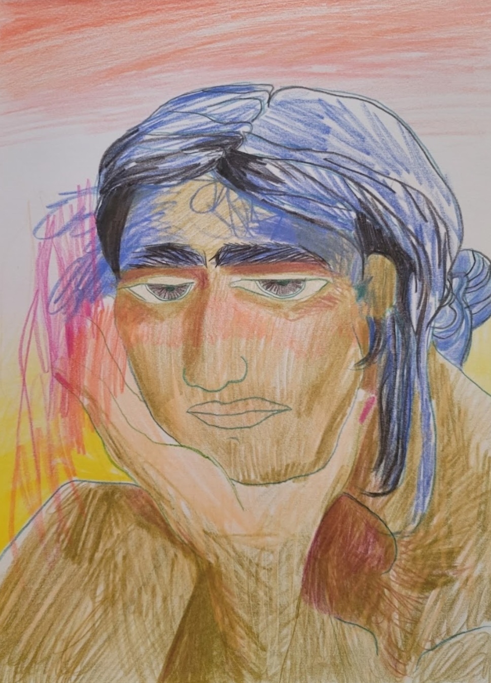 a scribbly colored pencil drawing of a brown-skinned person with thick eyebrows and blue-black hair in a messy bun. they look directly at the viewer with an apathetic expression, pursed lips and eyes half-open. their head is slumped forward, resting their chin in their hand.