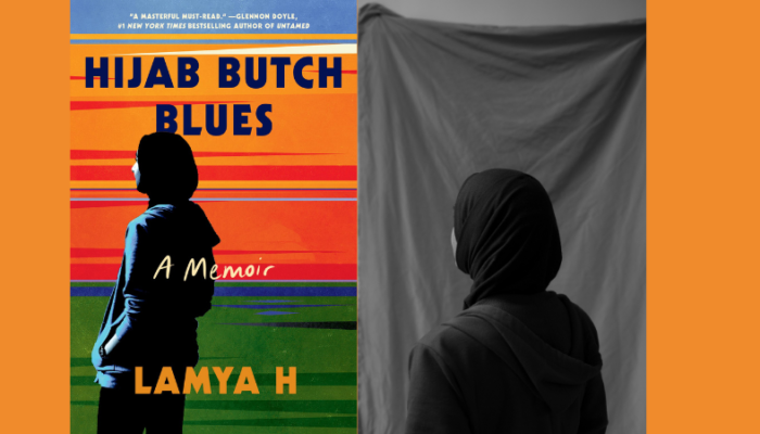 (Left) Hijab Butch Blues book cover: a person wearing a dark hijab and dark pants stands against a backdrop of stripes of horizontal stripes in various colors, including red, orange, green, and black (Right) An image of the author, Lamya H, wearing a hijab and looking back at a grey curtain