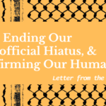 A rectangular mustard yellow graphic with a keffiyeh pattern in black, and a mustard yellow rectangle overlaid with the title of piece written in white: 