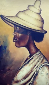 Drawn side view of a Black person with a a wide brim cream hat