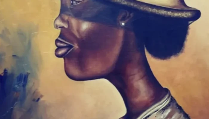 Drawn side view of a Black person with a a wide brim cream hat