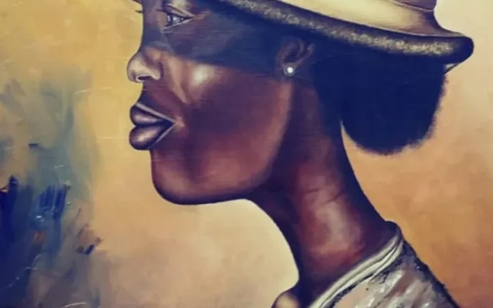 Drawn side view of a Black person with a a wide brim cream hat