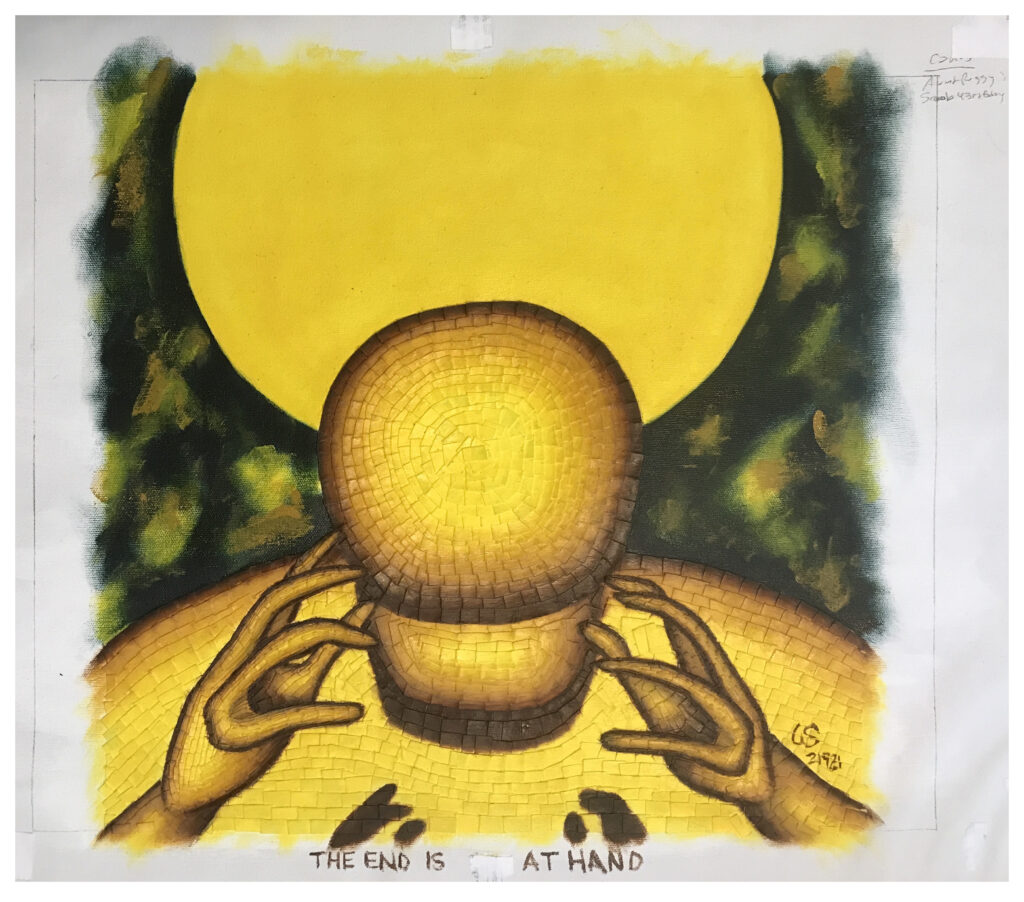 painting of green background, large yellow su-like circle, hands reaching towards a faceless head. title written on bottom.