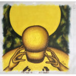 painting of green background, large yellow su-like circle, hands reaching towards a faceless head. title written on bottom.