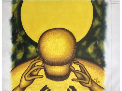 painting of green background, large yellow su-like circle, hands reaching towards a faceless head. title written on bottom.