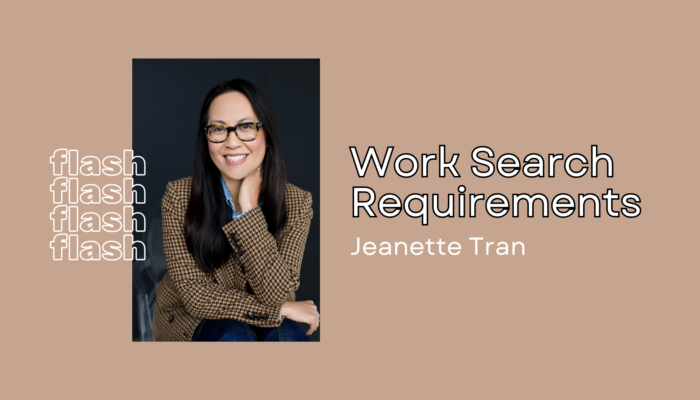 A picture of Jeanette Tran. The text Work Search Requirements appears next to her photo.